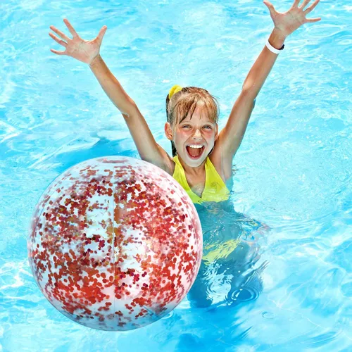 Miniatura 6 de Hsei 3 unidades de bola de playa inflable de 16 pulgadas con purpurina, bolas de discoteca de piscina de verano con confeti, flotables, juguetes Oro