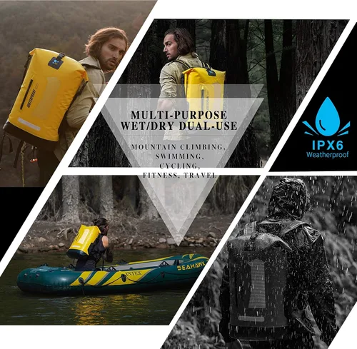 Miniatura 7 de IDRYBAG Mochila impermeable para hombres 5.28/7.93/10.57 galones, saco seco flotante para kayak, mochila seca para senderismo Amarillo