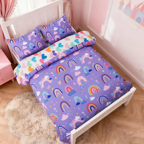 Miniatura 3 de Holawakaka Juego de edredón bohemio de arcoíris individual con sábanas, juego de ropa de cama bohemio de 5 piezas con corazón y estrella para niñas