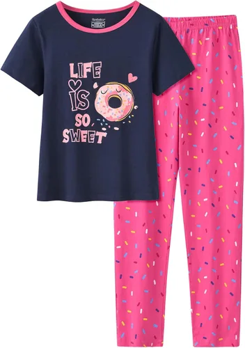 Conjunto de pijama de manga corta con estampado de dibujos animados y pantalones largos color rosa. Set de pijamas para tallas 12-18.