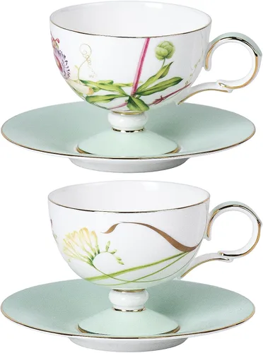 Miniatura 11 de KAMMAK Juego de 2 tazas de café de cerámica, tazas de café de porcelana con platillos, 6.52 onzas hechas a mano, elegante taza de té de porcelana