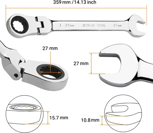 Miniatura 2 de Jetech Llave combinada de trinquete de cabeza flexible de 1.063 in, llave de grado industrial prémium de acero Cr-V de 72 dientes, extremo de caja