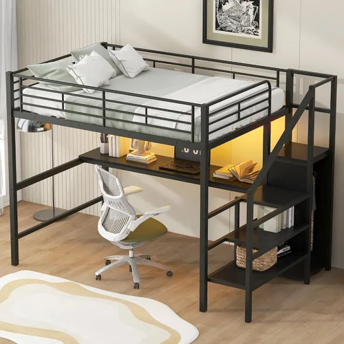Miniatura 3 de Bellemave Cama tipo loft de metal de tamaño matrimonial con escritorio en forma de L, marco de cama tipo loft con luz LED, estación de carga