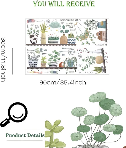Miniatura 5 de Calcomanías de pared en maceta con plantas verdes frescas, hojas de sacinora para jardín, calcomanías de pared extraíbles de vinilo para despegar