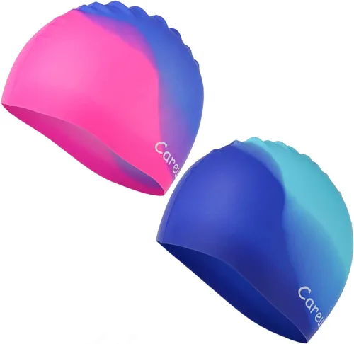 Miniatura 9 de Gorro de natación, paquete de 2 gorras de natación de silicona duraderas para niños, niñas, niños y jóvenes (edad 2-12), suaves 3D ergonómicos