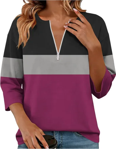 Miniatura 7 de Sudadera de manga larga con media cremallera para mujer, de gran tamaño, bloque de color, con cremallera de un cuarto, camisas de moda de primavera