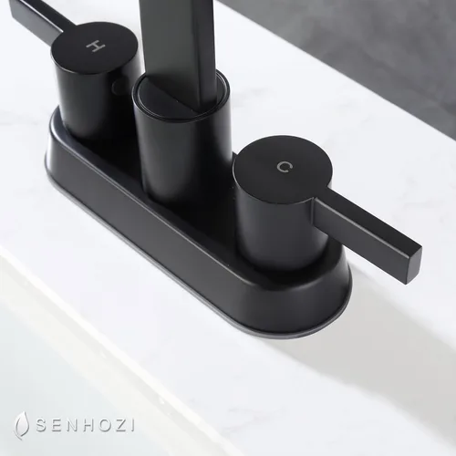 Miniatura 2 de SUS304 - Grifos de baño negro mate para fregadero de 3 agujeros, 4 pulgadas, grifo de cascada con drenaje emergente y 2 mangueras de suministro