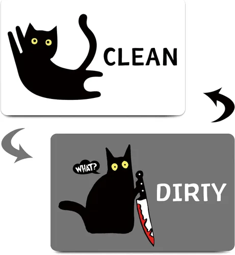 Miniatura 12 de Imán divertido de dibujos animados con diseño de gato limpio y sucio para lavavajillas, imán para lavadora, gato negro, nevera, limpio, sucio, doble
