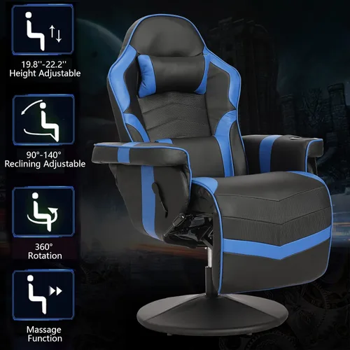 Miniatura 6 de Silla para juegos, silla reclinable para juegos con reposapiés, silla de juegos de piel sintética reclinable con masaje, sillas reclinables Azul