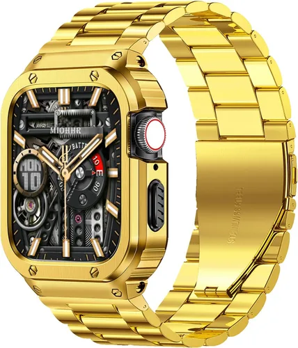 Miniatura 13 de MioHHR Correa y funda de acero inoxidable compatible con Apple Watch Band de 1.614 in, 1.575 in y 1.496 in, cubierta protectora de metal para Negro