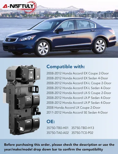 Miniatura 2 de Interruptor maestro de ventana eléctrica para lado del conductor, reemplazo, compatible con Honda Accord 2008 2009 2010 2011 2012, control