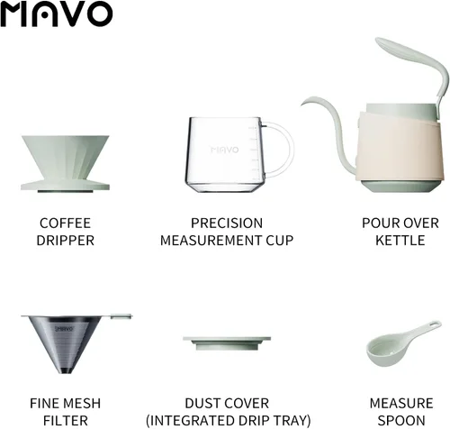 Miniatura 2 de Juego de cafetera para verter sobre tetera, gotero de café, servidor de café de vidrio con escala, filtro de acero inoxidable (verde)