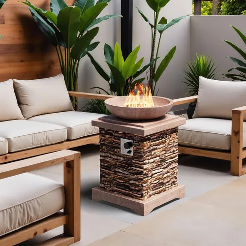 SUNBURY Hoguera de Propano al Aire Libre, Hoguera de Gas para Patio Exterior, Mesa de Fuego al Aire Libre de Piedra, Columna de Fuego 40,000 BTU,