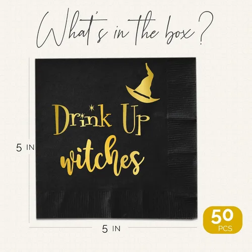 Miniatura 2 de Servilletas de Halloween Drink Up Witches, 52 servilletas de cóctel de Halloween para decoración, cena, bebidas y suministros de fiesta de brujas