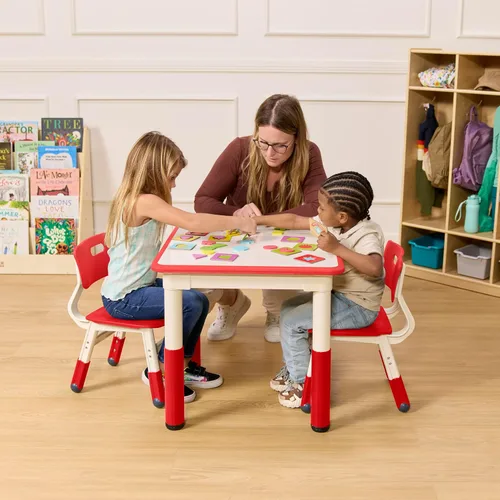 Miniatura 7 de ECR4Kids Mesa de actividades rectangular de borrado en seco con 2 sillas, ajustable, muebles para niños, azul, 3 piezas Rojo