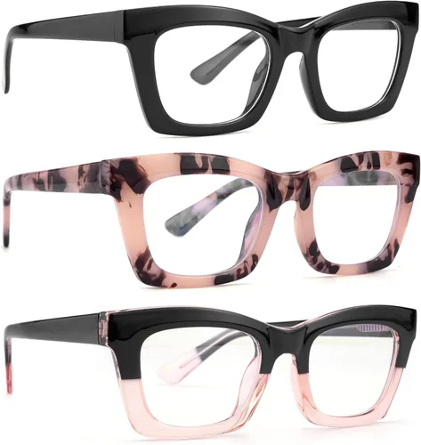 Miniatura 3 de Paquete de 3 anteojos de lectura estilo Oprah con bisagra de resorte, bloqueo de luz azul, cuadrados para computadora para mujeres y hombres