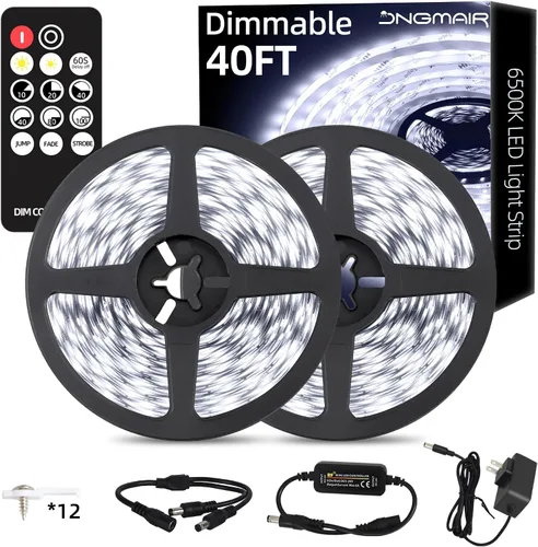 Miniatura 9 de Tira de luces LED de 20 pies con control remoto, 3000 K luces de cinta cálida y regulable, 12 V, 360 LED, 2835 luces adhesivas fuertes para armario