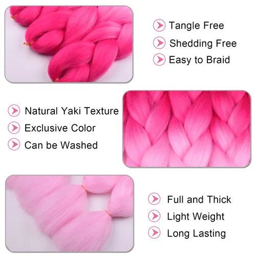 Miniatura 3 de Cabello trenzado ombré (rosa/rosa claro), 3 extensiones de cabello trenzado jumbo para trenzas de caja de 24 pulgadas, sello de agua caliente, suave