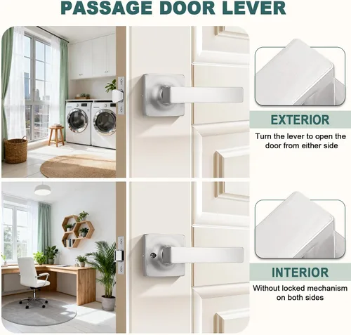 Miniatura 3 de GOBEKOR Paquete de 1 palanca de paso, manijas de puerta rectas de níquel satinado para cerradura de puerta de armario, manija cuadrada de puerta