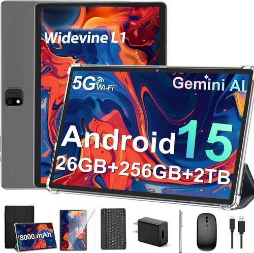 JJGJ Tablet Android 15 2026 con teclado, 26 GB+256 GB, expansión de 2 TB, tableta de 10 pulgadas con octa-Core, 8000 mAh, WiFi 5G, BT5.0, Widevine