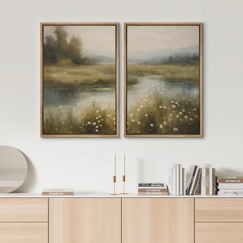 Miniatura 3 de SIGNWIN Lienzo enmarcado para pared, juego de arte sereno de paisaje de pantanos, ilustración rústica, arte moderno, minimalismo, decorativo