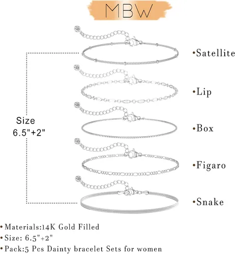 Miniatura 5 de MBW Pulseras de plata para mujer, delicadas pulseras de plata para mujer, juego de pulseras de plata de 14 quilates, impermeables, joyería