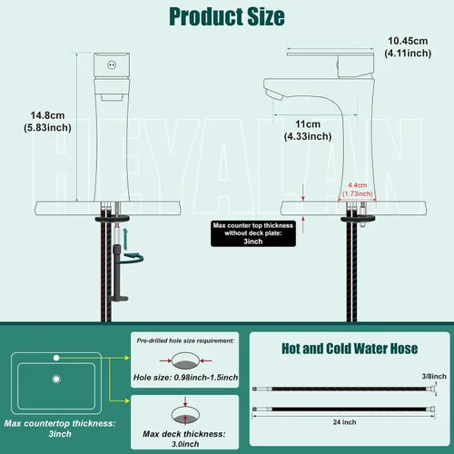 Miniatura 5 de Heyalan Grifo de lavabo de baño dorado cepillado, grifo de tocador de un solo orificio con drenaje desplegable, mangueras de agua fría y caliente