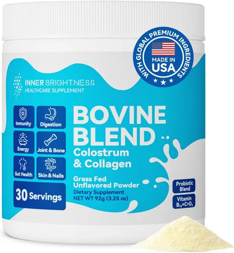Inner Brightness Calostro bovino y colágeno en polvo para la salud intestinal, apoyo inmunológico, crecimiento del cabello y suplemento de belleza,