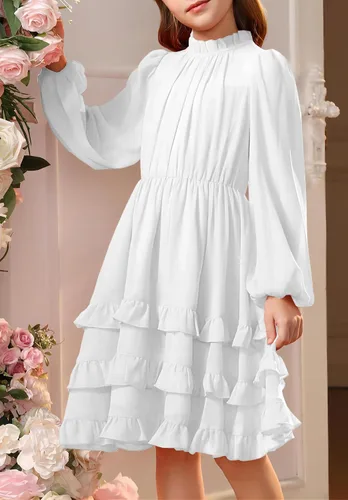 Miniatura 4 de MITILLY Elegante vestido de manga larga con cuello redondo y volantes para niñas de 6 a 12 años