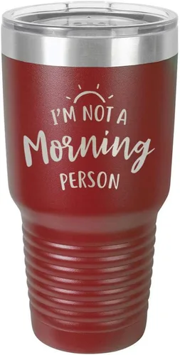 Miniatura 11 de Vaso negro de 30 onzas con popote y tapa superior deslizante con texto en inglés "I'M NOT A MORNING PERSON", color negro