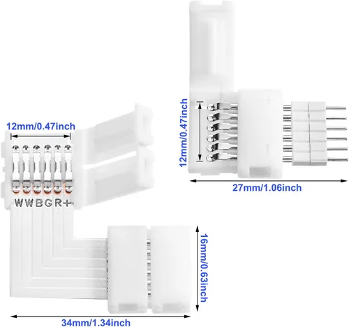 Miniatura 2 de Honoson 12 conectores de tira LED de 6 pines de 0.472 in, en forma de L, sin soldadura, sin cable, para tira de luz y cable de extensión, 12
