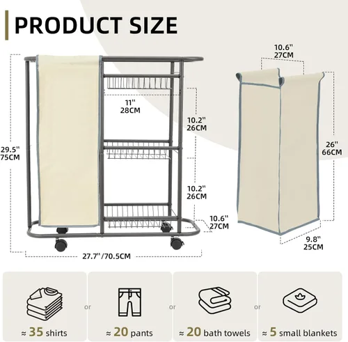 Miniatura 3 de Cesta de lavandería con 3 cestas de almacenamiento y bolsa de 45 L, carrito de lavandería resistente con ruedas y asa, ahorro de espacio, Beige