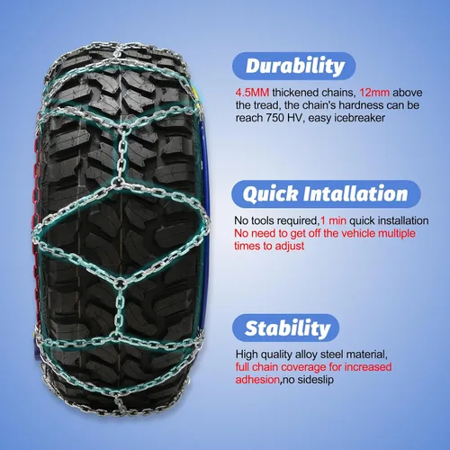 Miniatura 4 de Cadenas de nieve para camionetas, 2 piezas x 0.472 in, cadenas de neumáticos de instalación rápida de 1 minuto con tensor automático, cadena