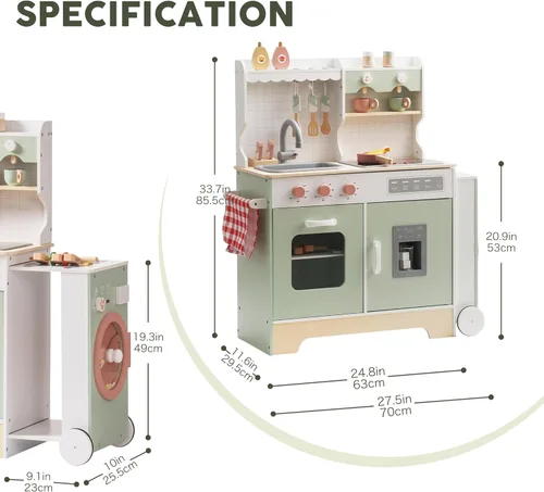 Miniatura 5 de ROBOTIME Cocina de madera para niños, juego de cocina de simulación con máquina de hielo, barbacoa, luces y sonidos, cocina de juguete para niños a