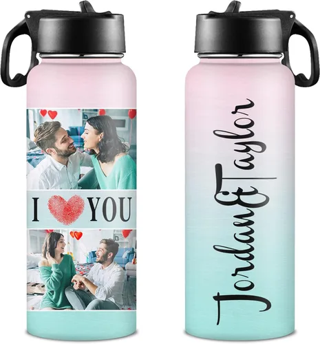 Miniatura 12 de Botellas de agua personalizadas para niñas, de acero inoxidable con aislamiento de doble pared con pajita, botella de agua de color degradado