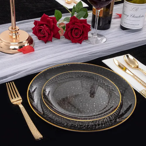 Miniatura 9 de Hioasis 60 piezas de platos de plástico negro - Juego de vajilla desechable con borde dorado, martillado, resistente, adecuado para 30 invitados
