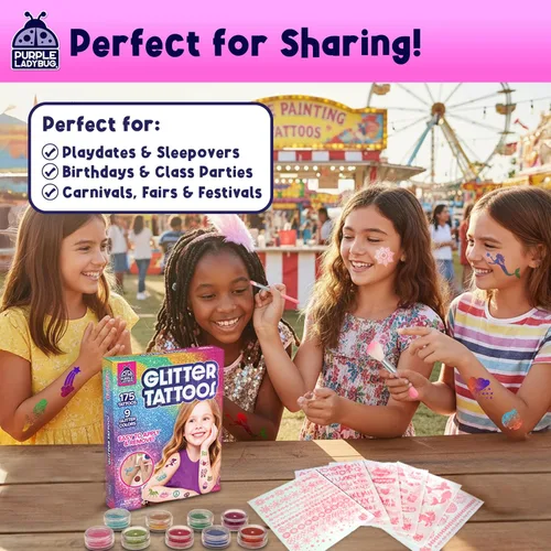 Miniatura 7 de PURPLE LADYBUG Tatuajes con purpurina para niños – Kit de tatuaje con purpurina de 175 diseños, tatuajes falsos temporales para niños, divertido
