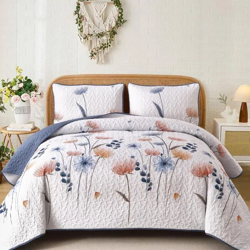 Miniatura 21 de Dinjoy Juego de colcha floral tamaño Queen, colcha azul agua tamaño Queen de 3 piezas, juego de ropa de cama ligera de estilo granja, colcha