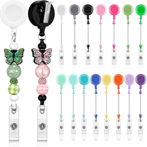 Miniatura 7 de Sayglossy 15 carretes retráctiles para tarjetas de identificación con clip de cocodrilo, barras en blanco con cuentas en blanco, regalo