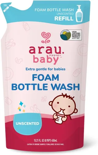 Arau Baby Repuesto de espuma sin perfume, biberón y jabón para platos a base de plantas naturales, sin fragancia ni aditivos artificiales, suave