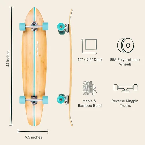 Miniatura 2 de Retrospec Zed Pintail & Cruiser Longboard Patineta para Adultos - Tabla de 112 cm de bambú y arce canadiense con rodamientos ABEC-7, ruedas de Aqua