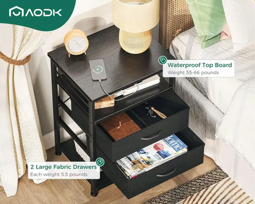 Miniatura 5 de AODK Mesita de noche con estación de carga, mesa auxiliar para dormitorio, mesita de noche alta con cajones, mesita de noche pequeña