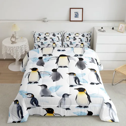 Erosebridal Juego de ropa de cama de pingüinos de dibujos animados, tamaño matrimonial, juego de edredón de pingüinos lindos y divertidos, juego de