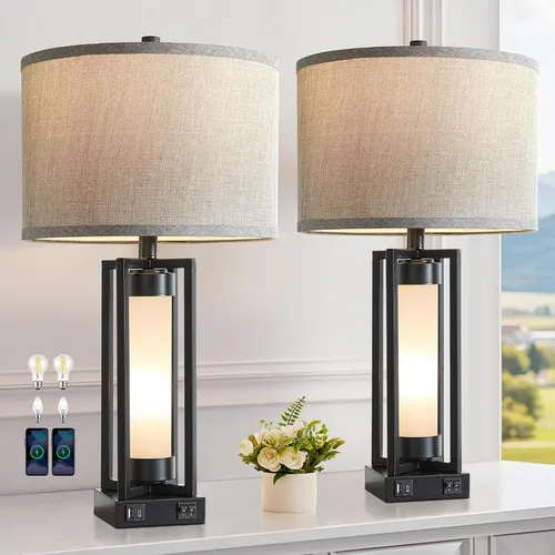 Miniatura 10 de Lámparas de mesa rústicas para sala de estar con puertos USB C+A, lámpara de mesita de noche vintage de granja con luz nocturna de acrílico ámbar
