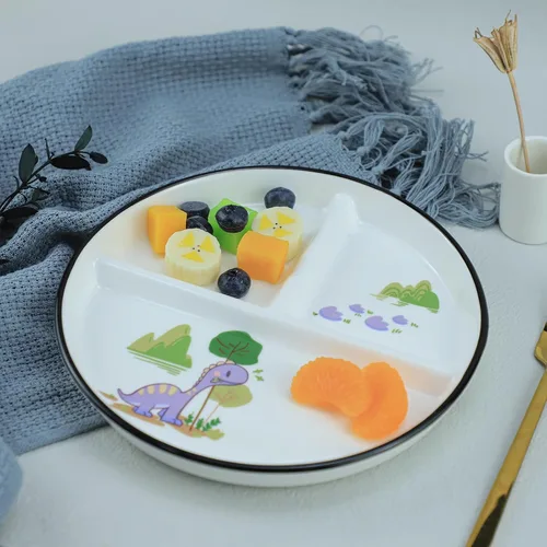Miniatura 3 de 1 pieza de plato de porcelana con control de porción de dinosaurio, plato dividido para una alimentación racional, plato de postre dividido, plato