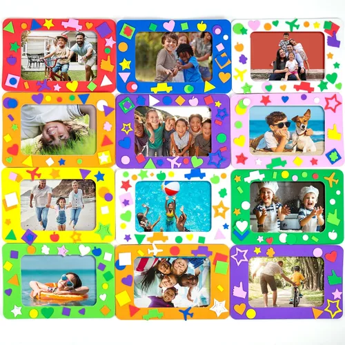 Horizon Group USA Kit de manualidades de marco de fotos de espuma, paquete de 12 marcos de fotos coloridos de 4 x 6 pulgadas con más de 500