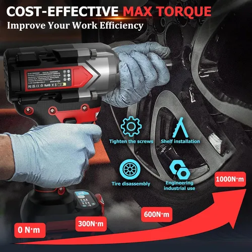 Miniatura 4 de Llave de Impacto Inalámbrica de 750 pies-libras, pistola de impacto de potencia de 1000 N·m, 1/2 pulgada, 21 V, 2600 RPM, Llave de Impacto eléctrica