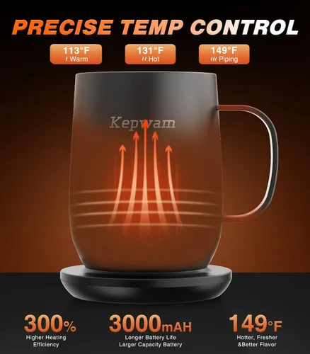 Miniatura 2 de Kepwam Taza de café autocalentable T2, taza de café con calefacción inteligente de 16 onzas, duración de la batería de 150 minutos, calentador