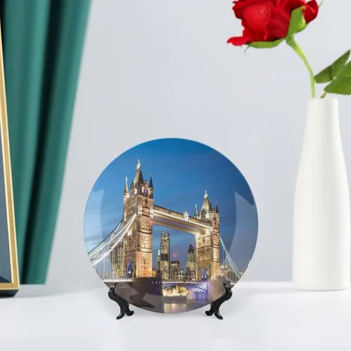 Miniatura 6 de XISUNYA Plato decorativo de 6 pulgadas, plato de cena de Londres, paisaje del puente de la torre emblemática al crepúsculo, placa de exhibición
