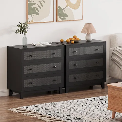 Miniatura 3 de Cómoda de 3 cajones para dormitorio, pequeña cómoda bohemia de ratán natural para armario, cajonera, organizador moderno de almacenamiento de ropa